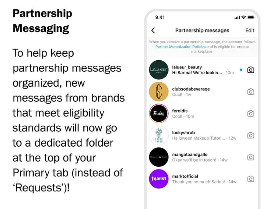 messagerie de partenariat sur Instagram
