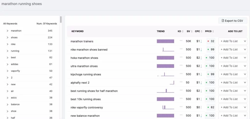 Screenshot delle parole chiave correlate alle scarpe da maratona