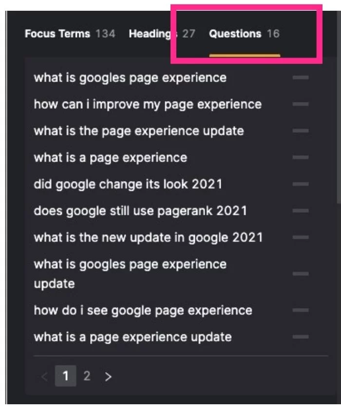 Captură de ecran a întrebării legate de experiența paginii Google din instrumentul SEO Asst