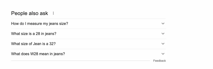 ジーンズのサイジングに関する Google の PAP スクリーンショット