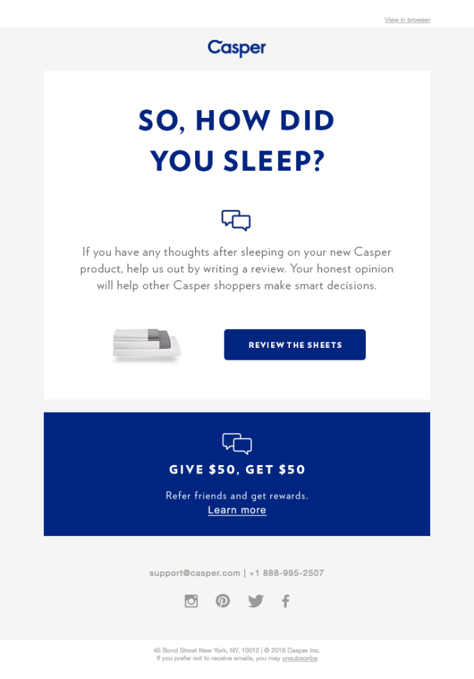 Email post-acquisto di Casper