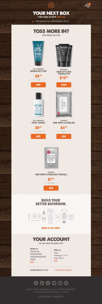 E-mail de venda cruzada de upsell do Dollar Shave Club