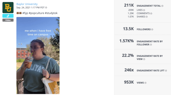 Salah satu video dengan kinerja tertinggi Universitas Baylor, menggunakan audio untuk membantu mendorong sekolah tersebut ke puncak daftar universitas top kami di TikTok.