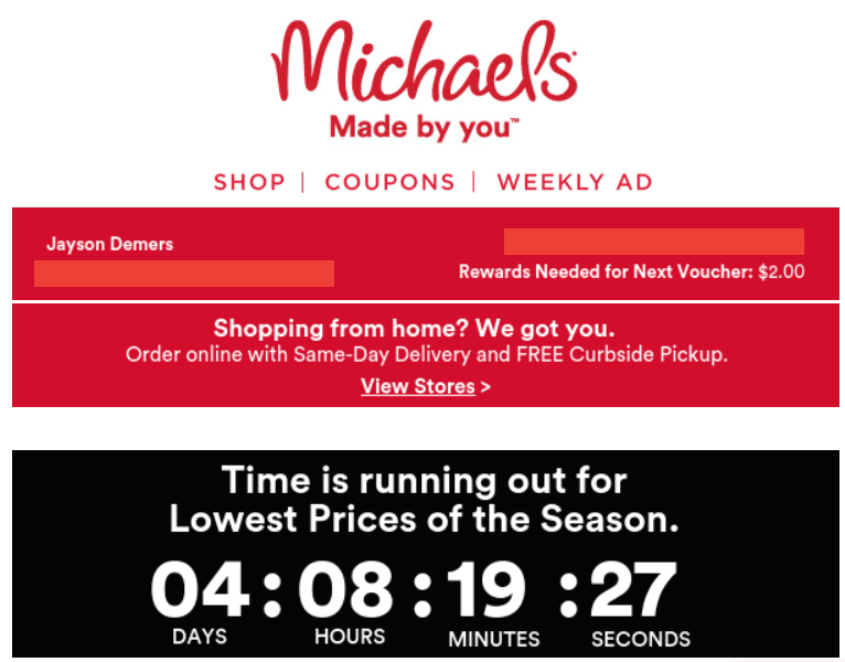 zrzut ekranu przedstawiający minutnik na Michaels.com