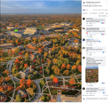 Wunderschöne Herbstfarben mit matten Gelbtönen, auffälligem Orange und leuchtenden Rottönen, gemischt mit Grüntönen, überziehen den Campus