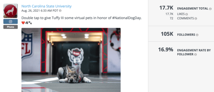 마스코트 Tuffy III가 등장하는 North Carolina State University의 게시물은 올해 최고의 대학 Instagram 게시물 중 하나입니다.