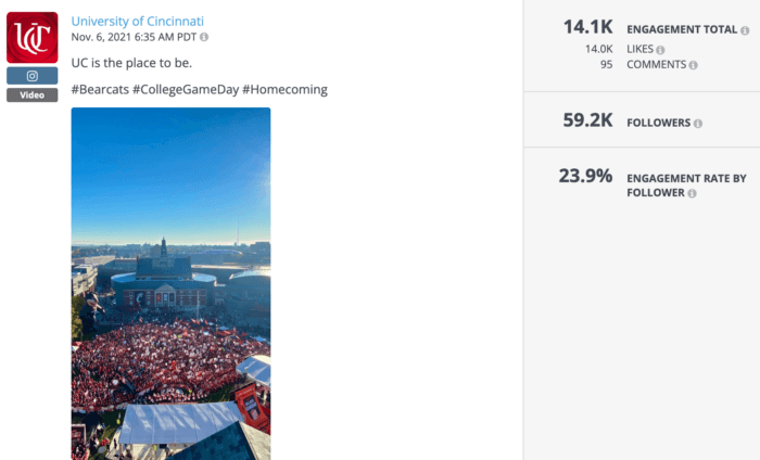 シンシナティ大学からの投稿は、試合日の鳥瞰図を特徴とし、今年最高の大学の Instagram 投稿の 1 つです。