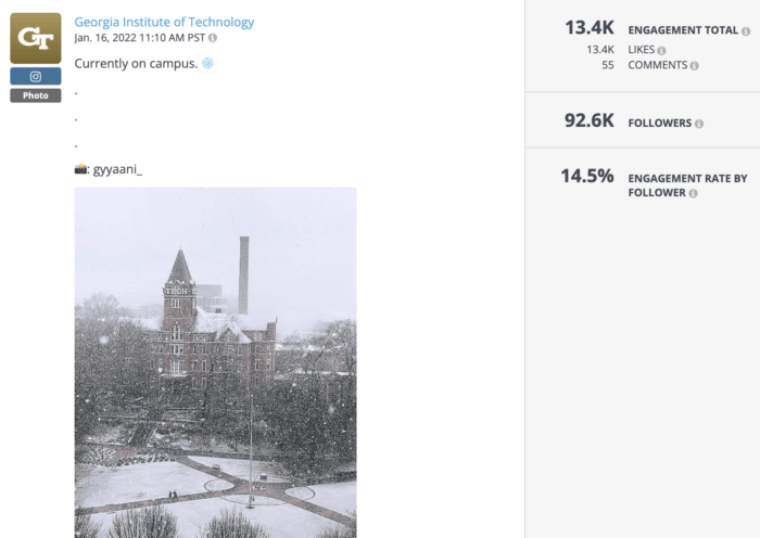 ジョージア工科大学の雪に覆われたキャンパスからの投稿は、今年最高の大学の Instagram 投稿の 1 つです