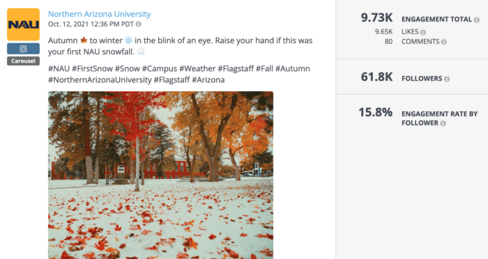 Der Post von der North Arizona University mit Herbstlaub und Schneefall auf dem Campus ist einer der besten College-Instagram-Posts des Jahres