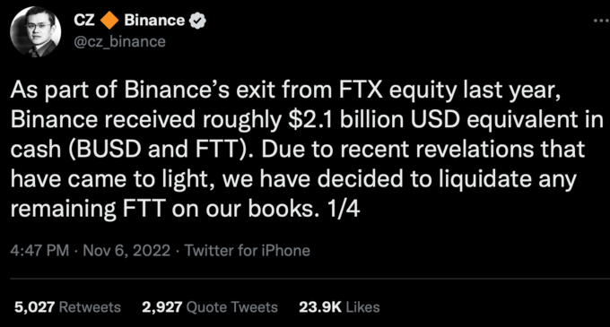 CZ Binance @cz_binance Como parte de la salida de Binance del capital FTX el año pasado, Binance recibió aproximadamente el equivalente a $2.100 millones de dólares en efectivo (BUSD y FTT). Debido a revelaciones recientes que han salido a la luz, hemos decidido liquidar cualquier FTT restante en nuestros libros. 1/4 4:47 p. m. 6 de noviembre de 2022 Twitter para iPhone . : 5,027 Retweets 2,927 Quote Tweets 23.9K Me gusta Fuente