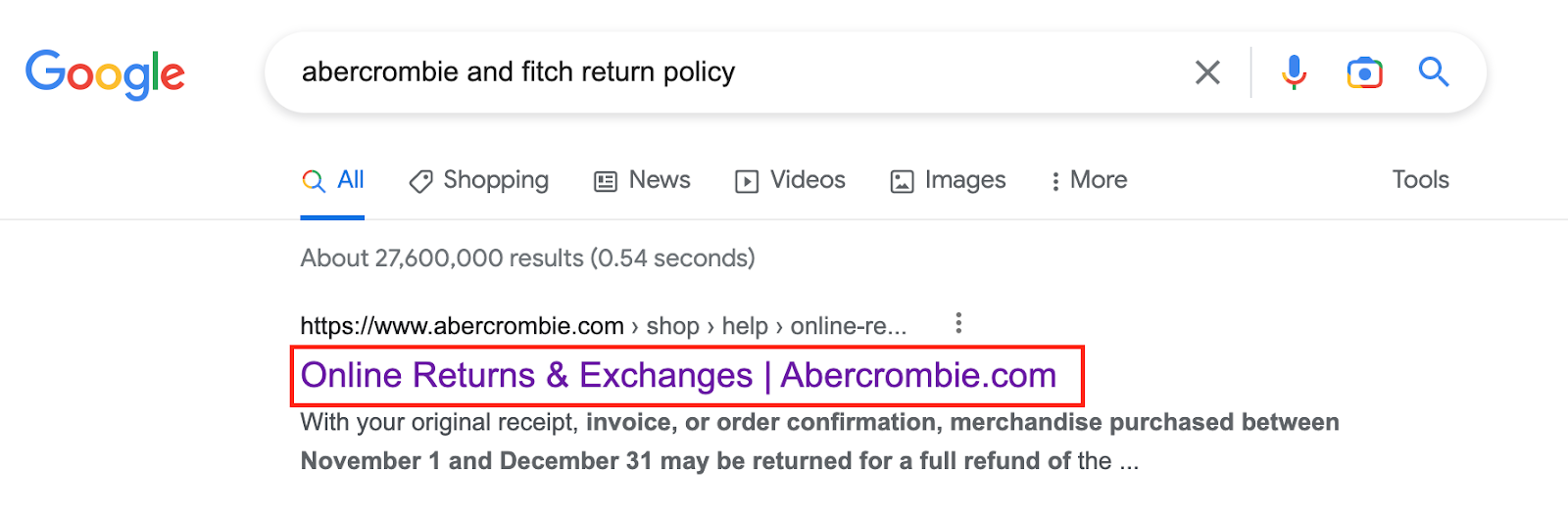 Google 広告の Abercrombie & Fitch 返品ポリシー広告表示オプション