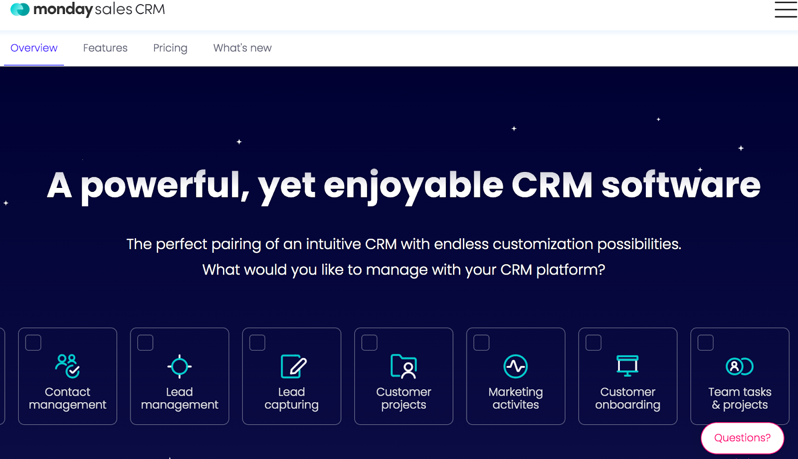 Uno screenshot della home page del sito web di Monday CRM