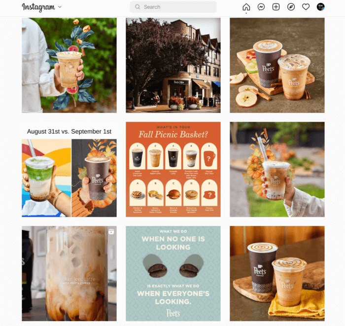 Peets Cffee Feed con publicaciones de personas con bebidas en sus manos junto con otras publicaciones que tienen mucho texto
