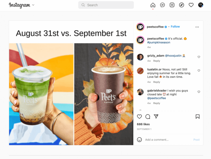 Una instantánea de lado a lado de un café con leche matcha y un café con leche especiado con calabaza con un texto general que dice 31 de agosto frente al 1 de septiembre, anunciando la llegada de la temporada de calabaza