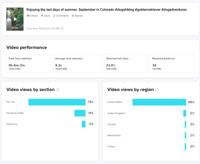 ネイティブ分析で確認できる、動画パフォーマンスに関する TikTok 指標の概要。