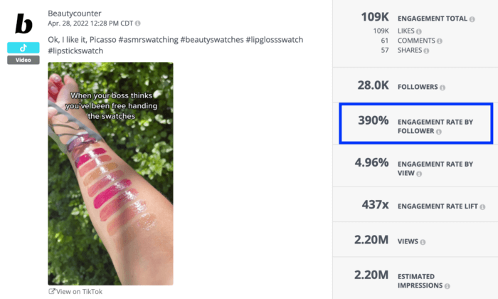 Un'analisi di un video TikTok di Beautycounter utilizzando lo strumento di analisi dei social media di Rival IQ.