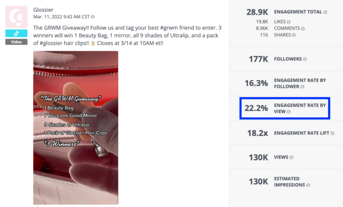 Uma análise de um vídeo do TikTok da Glossier com a taxa de engajamento métrica do TikTok por visualização delineada.