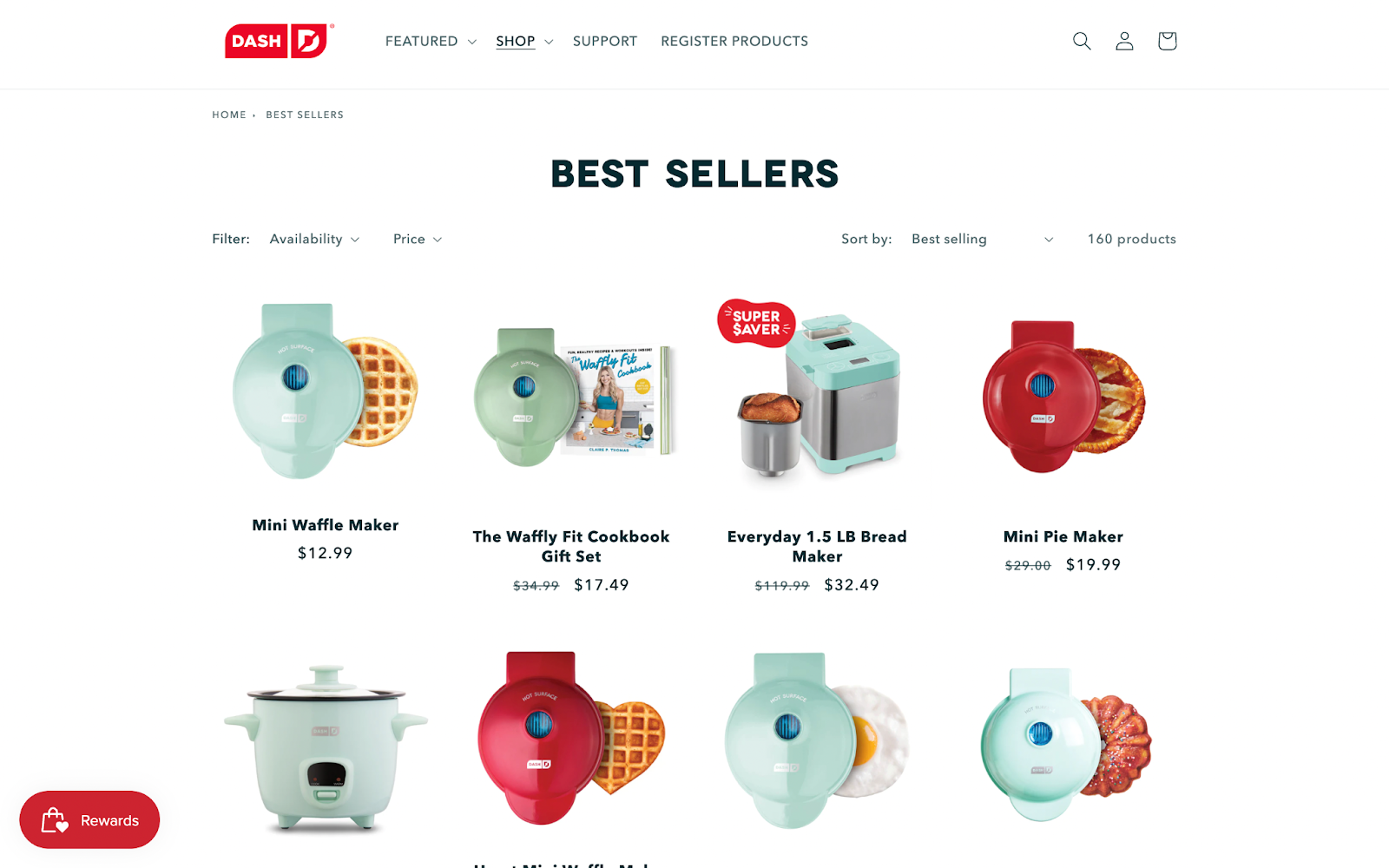 Dove dovrebbero arrivare i referral dei clienti: uno screenshot di una pagina del catalogo di prodotti sul sito Web di Dash con i loro "Best Seller". Mostra 8 prodotti tra cui: mini macchina per waffle, set regalo per libri di cucina waffly fit, macchina per il pane da 1,5 libbre per tutti i giorni, mini macchina per torte, mini cuociriso con mantenimento in caldo, mini macchina per waffle a cuore, mini macchina per torte e mini piastra.