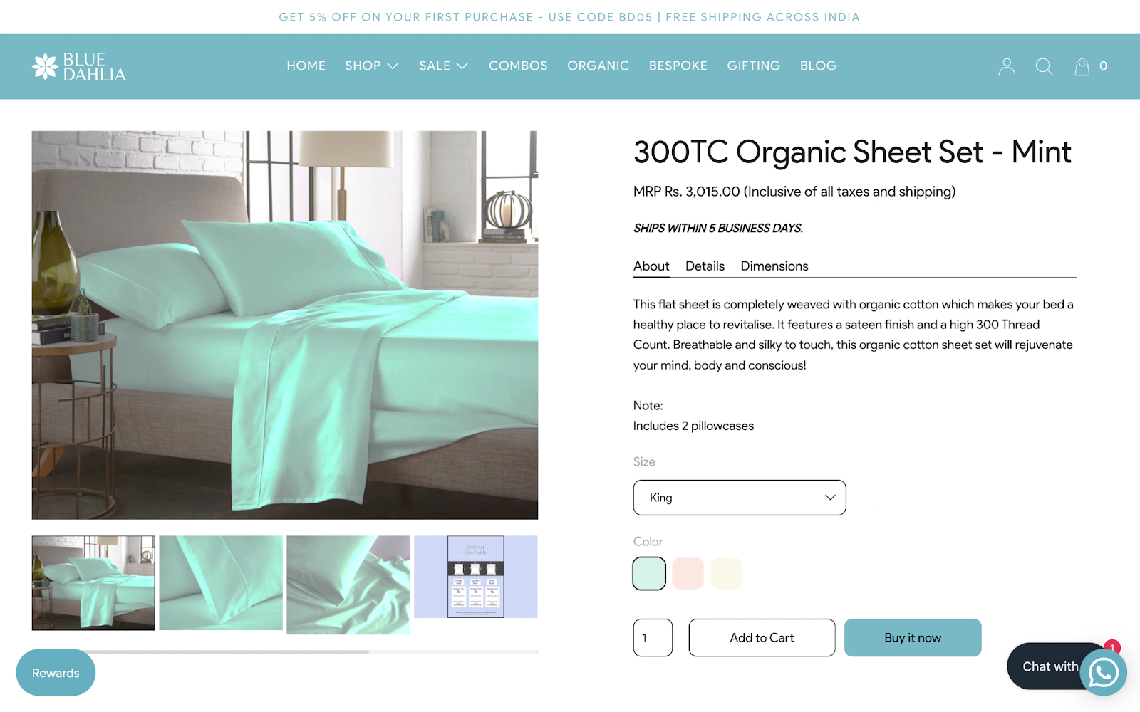 客戶推薦應該放在哪裡——Blue Dahlia 的 300TC Organic Sheet Set - Mint 產品頁面的屏幕截圖。左側顯示床上的薄荷色床單圖片，右側包含產品說明。獎勵計劃啟動器位於頁面底部。