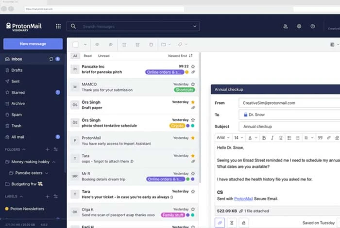 Pannello di controllo di Protonmail