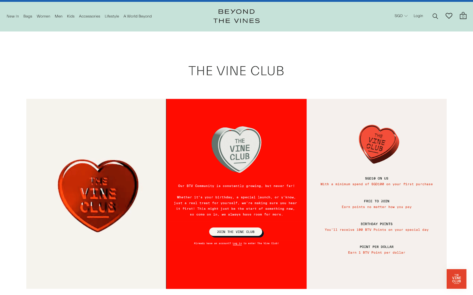 I 10 migliori programmi fedeltà del 2022: uno screenshot dalla pagina esplicativa del programma fedeltà di Beyond the Vines. Ci sono tre pannelli, ognuno con un cuore che dice "The Vine Club". Ogni pannello ha un testo che spiega il processo di adesione al programma, inviti all'azione per aderire e descrizioni di quali premi sono disponibili per il riscatto.