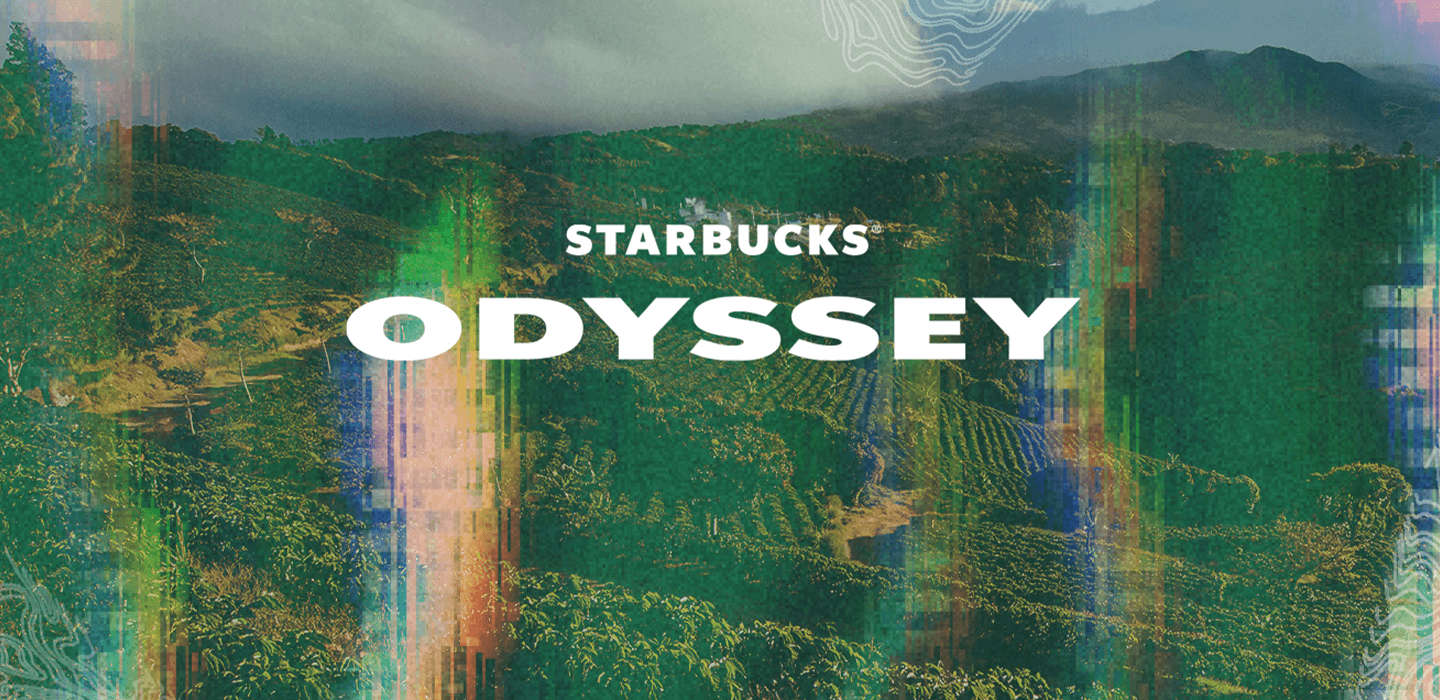 I 10 migliori programmi fedeltà del 2022: uno screenshot dalla pagina Storie e notizie di Starbucks del logo Starbucks Odyssey. L'immagine mostra un paesaggio di campi verdi con una sfumatura blu e futuristica che lo sovrasta. In primo piano le parole "Starbucks Odyssey" sono scritte in stampatello bianco.