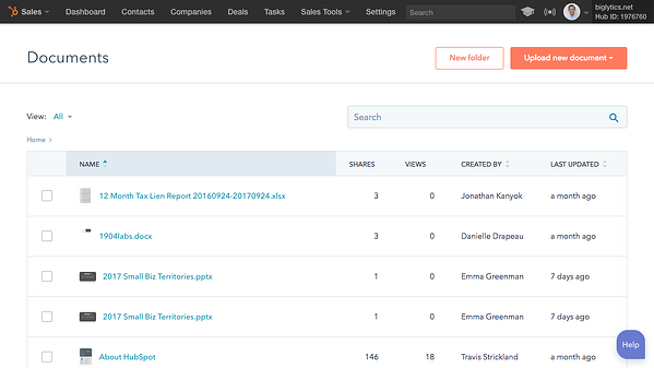 برنامج إدارة مستندات المبيعات HubSpot