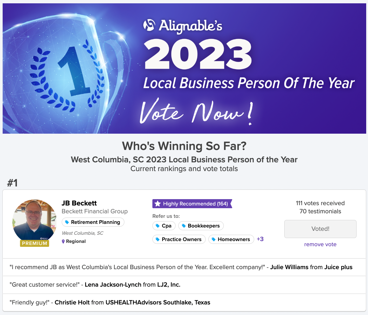 JB Beckett's Columbia, SC Leaderboard for Alignable's 2023 Contest