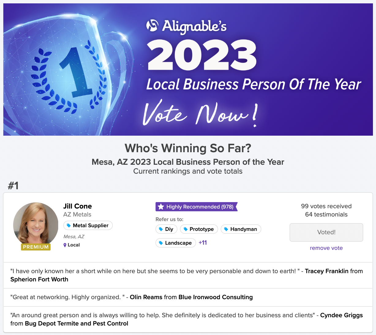 Mesa, AZ 2023 Leaderboard for Local Business Person of the Year hosted by Alignable