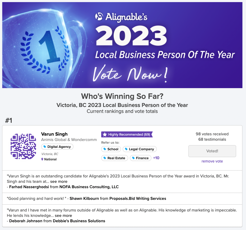 Victoria, BC 2023 Leaderboard for Alignable's Local Business Person of the Year Contest