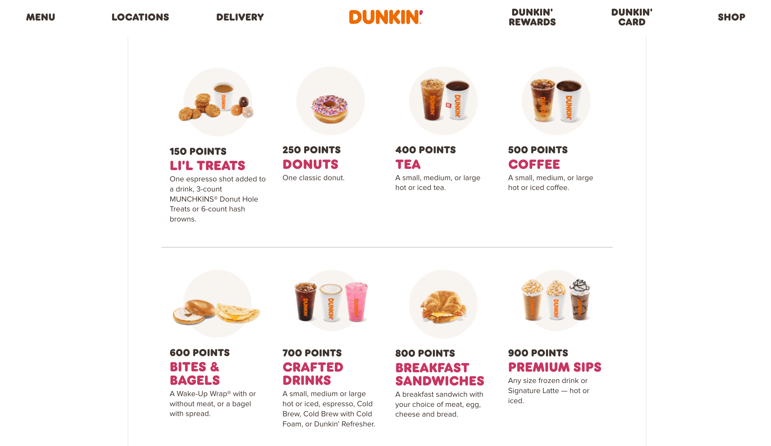 captură de ecran a tipului de recompense pe care utilizatorii le pot obține la dunkin donuts