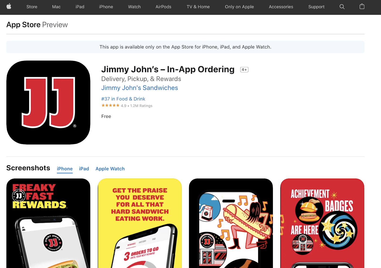 Apple App Store'un Jimmy John's — Uygulama İçi Sipariş uygulamasını gösteren ekran görüntüsü