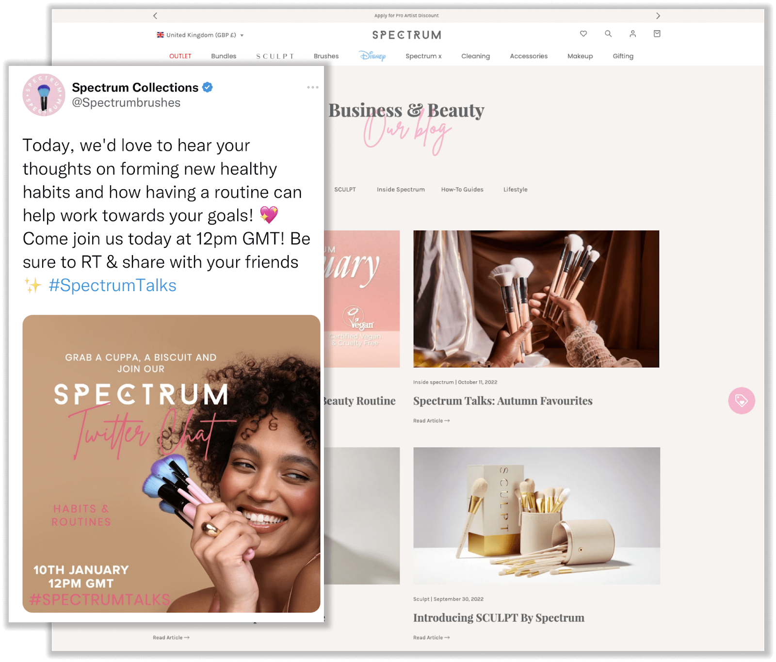 Treueprogramme in der Schönheitsbranche – Ein Screenshot, der zwei überlappende Bilder von Spectrums Twitter und Blog zeigt. Das Twitter-Bild vorne zeigt einen Tweet, der sagt: „Heute würden wir gerne Ihre Gedanken darüber hören, wie Sie neue gesunde Gewohnheiten entwickeln und wie eine Routine Ihnen helfen kann, auf Ihre Ziele hinzuarbeiten! Kommen Sie heute um 12:00 Uhr GMT zu uns! Achten Sie darauf, RT zu senden und mit Ihren Freunden #SpectrumTalks zu teilen“. Es gibt ein Bild unten mit diesen Details und ein Bild einer Frau mit braunem lockigem Haar, die lächelt und mehrere mehrfarbige Spektrumpinsel hält. Das Bild unten ist ein Screenshot aus dem Business and Beauty Blog. Es gibt zwei sichtbare Artikel mit den Titeln „Spectrum Talks: Autumn Favourites“ und „Introducing SCULPT by Spectrum“. Beide Feature-Bilder für jeden Artikel zeigen Spectrum-Make-up-Pinsel.