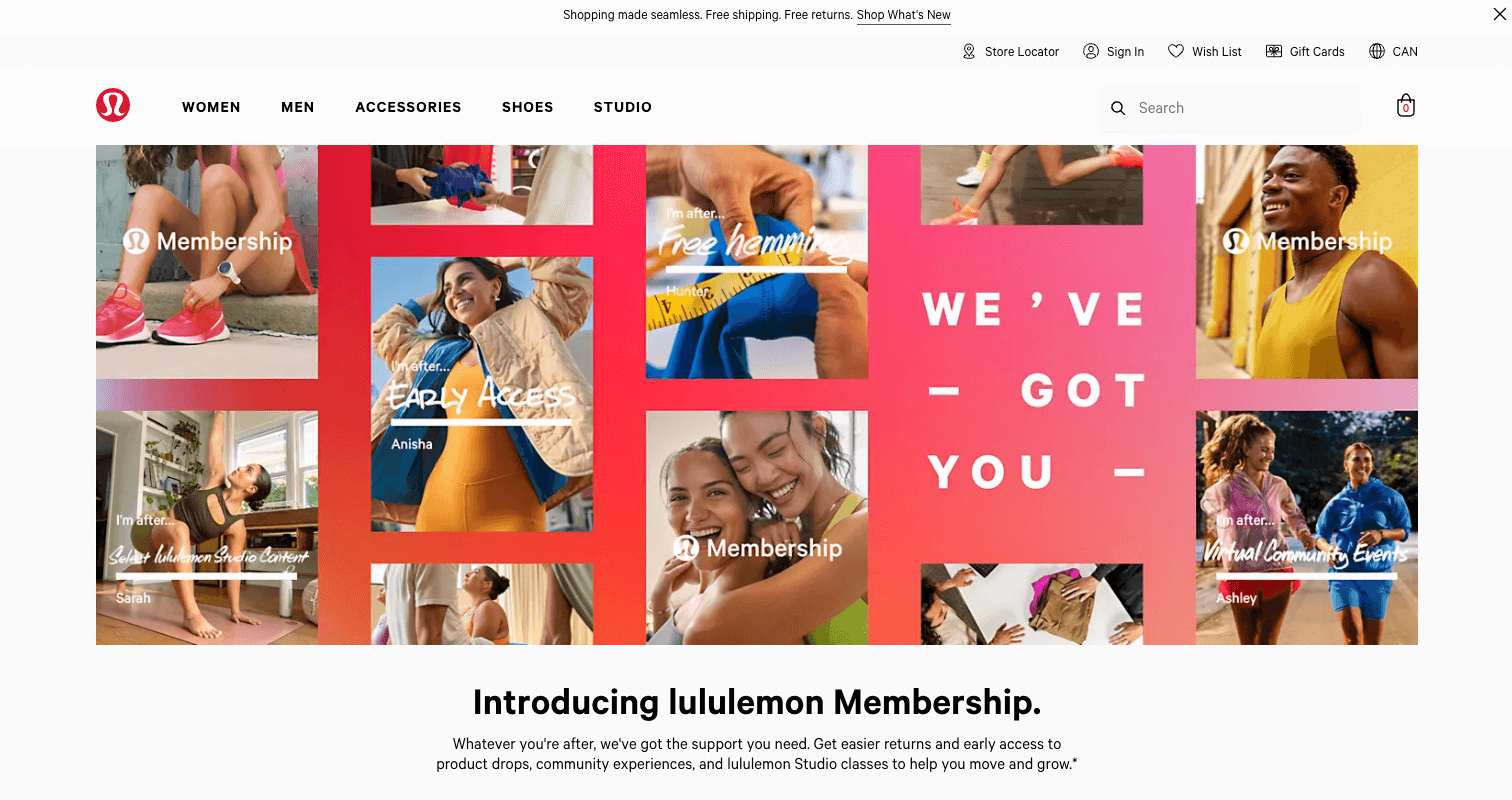 Lululemon ve Lifestyle Marketing–Lululemon'un Üyelik sayfasından bir ekran görüntüsü. Lululemon kıyafeti giyen ve farklı üyelik avantajlarını açıklayan yazılar yazan kişilerin çeşitli resimlerini gösteren bir kolaj var. Bunlardan bazıları şunlardır: Erken Erişim, Ücretsiz hemming, Sanal Topluluk Etkinlikleri. 'Seni yakaladık' yazan beyaz bir metin var. Kolajın altında metinde "lululemon Üyeliğine Giriş. Neyin peşindeyseniz, ihtiyacınız olan desteğe sahibiz. Harekete geçmenize ve büyümenize yardımcı olacak ürün iadelerine, topluluk deneyimlerine ve lululemon Studio sınıflarına daha kolay iade ve erken erişim elde edin.*”