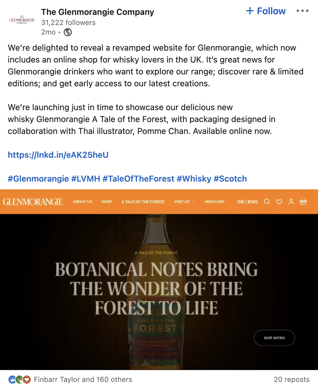 Captura de pantalla de una publicación de Facebook de The Glenmorangie Company