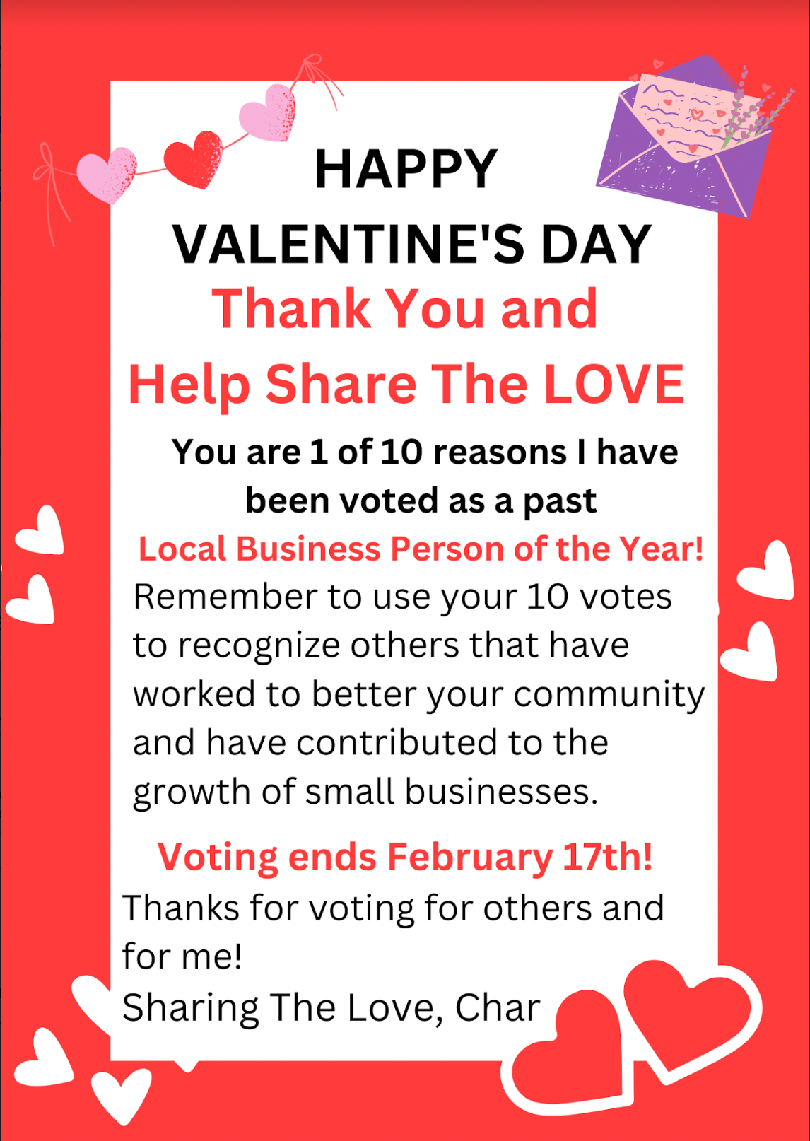 Char Ferguson's Valentine's Day Push for People To Use Their 10 Contest Votes