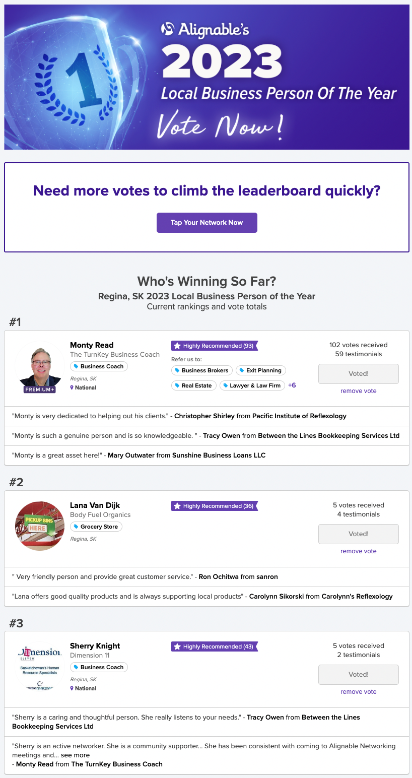 Alignable Contest Leaderboard for 2023 in Regina, SK