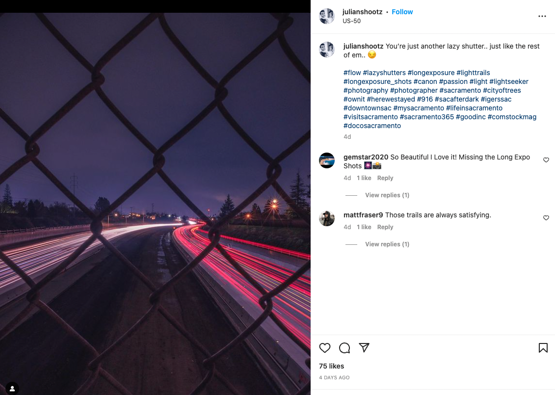 O fotografie a traficului de pe un pod de Julian Martinez Instagram