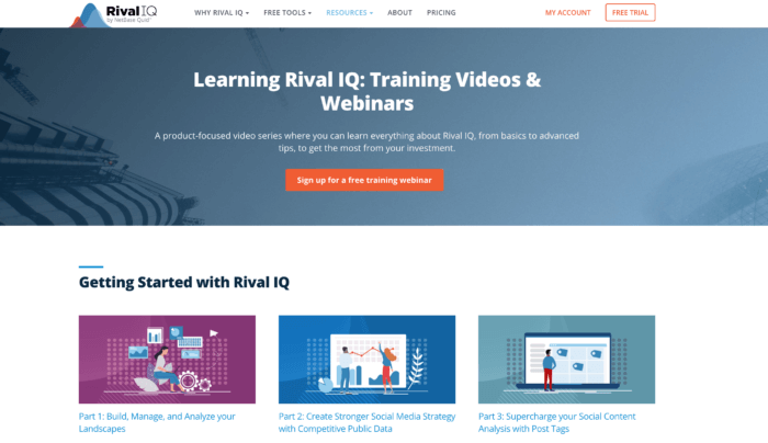 La página de seminarios web de capacitación de Rival IQ tiene videos de capacitación gratuitos para ayudarlo a comenzar con el análisis de redes sociales en la aplicación. Siempre puede inscribirse en un seminario web de capacitación gratuito desde esta página en cualquier momento que necesite una actualización en análisis social