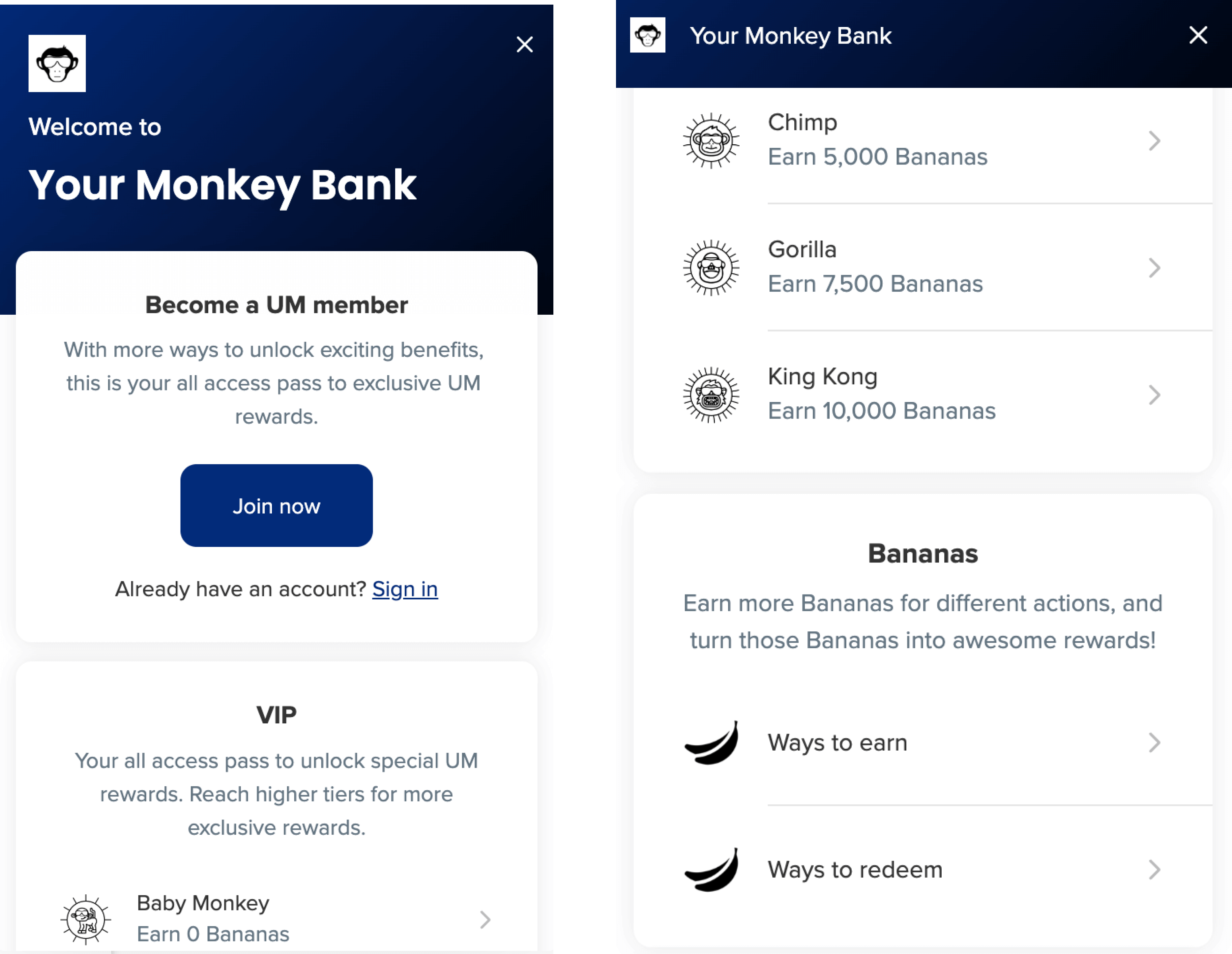 Membangun hubungan emosional secara online– Tangkapan layar dari situs web Urban Monkey yang menunjukkan panel hadiah mereka. Ada dua gambar berdampingan yang menunjukkan bagian berbeda dari panel hadiah–Menjadi Anggota, VIP, dan Cara Menghasilkan Pisang (yang merupakan mata uang poinnya).