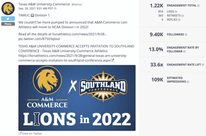 TAMUC 加入 NCAA Division 1 推文。該帖子附帶的圖片自豪地展示了大學的徽標以及南國會議徽標