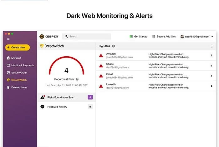 pemantauan web gelap dan dasbor peringatan dari Aplikasi Keeper Password Manager