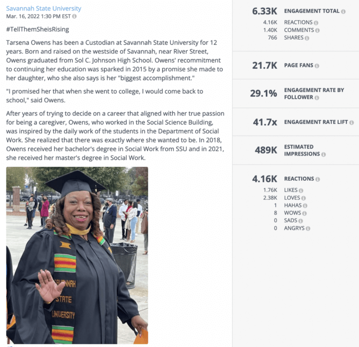 Tarsena Owens, que foi zeladora da Savannah State University, comemora sua formatura com mestrado em Serviço Social