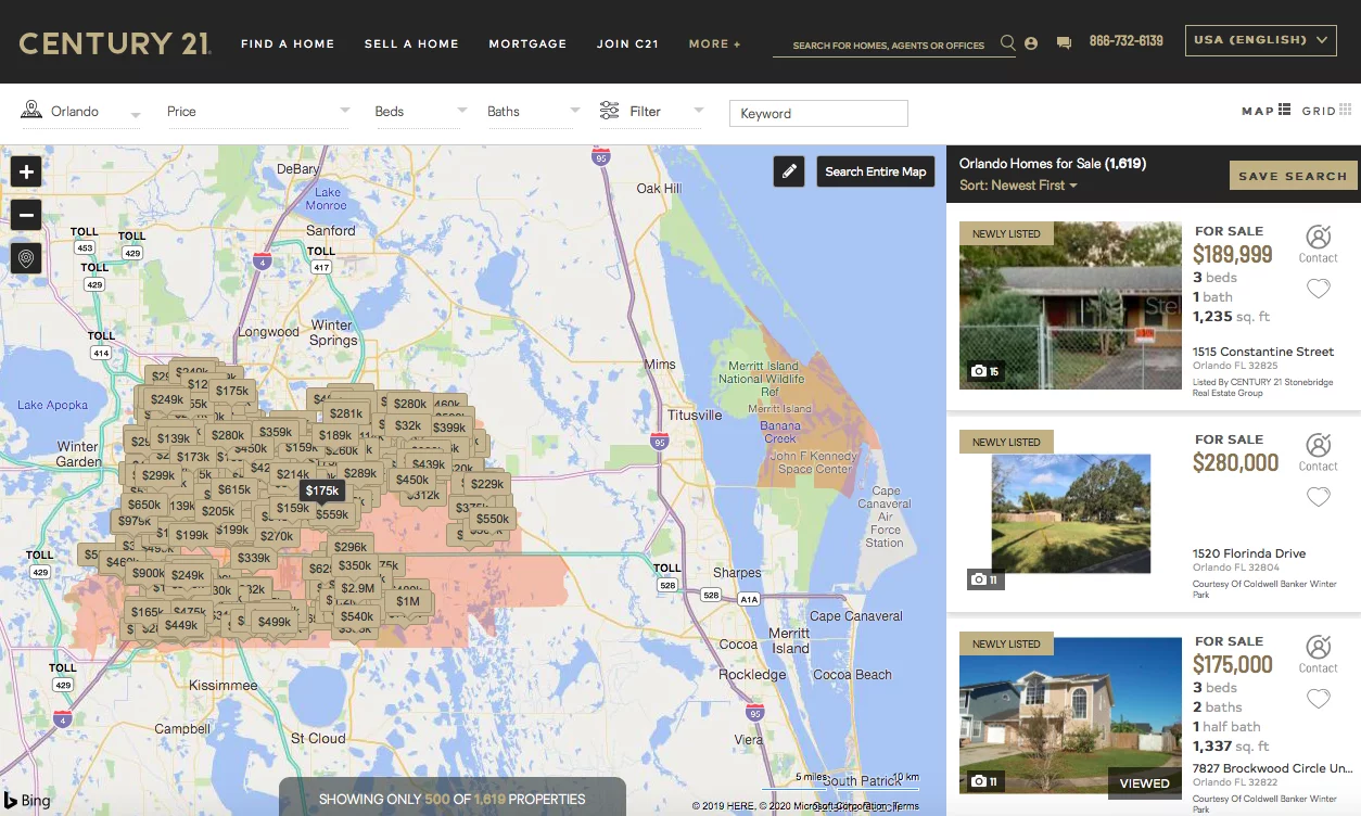 Ejemplo del mapa de Century 21 que muestra listados actuales de bienes raíces en orlando, florida