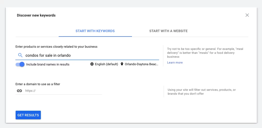 captură de ecran a instrumentului Google Keyword Planner