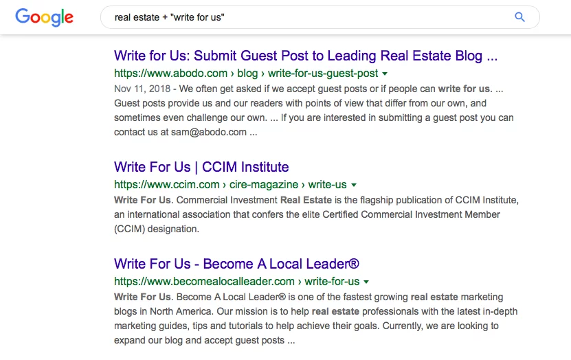 关键词“real estate +”write for us”的 Google SERP 结果截图