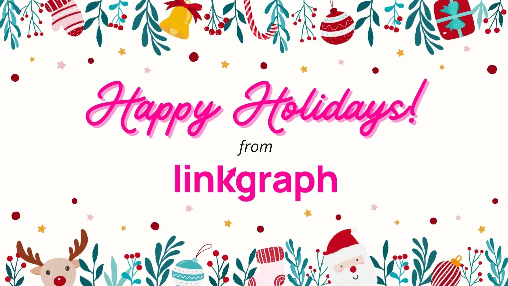 Perbatasan grafis Natal dengan liburan bahagia owrds dari LinkGraph berwarna merah muda di tengahnya