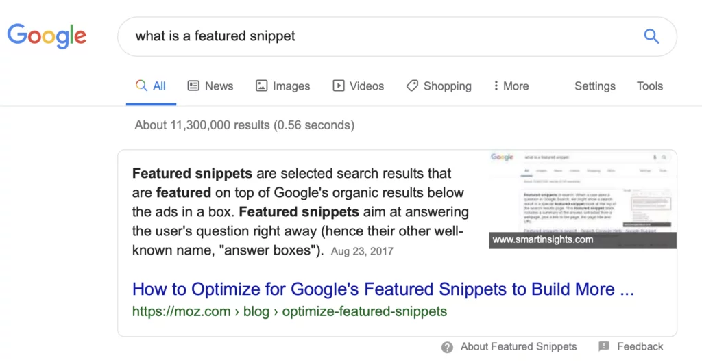 Ein Screenshot einer Suche nach Featured Snippets