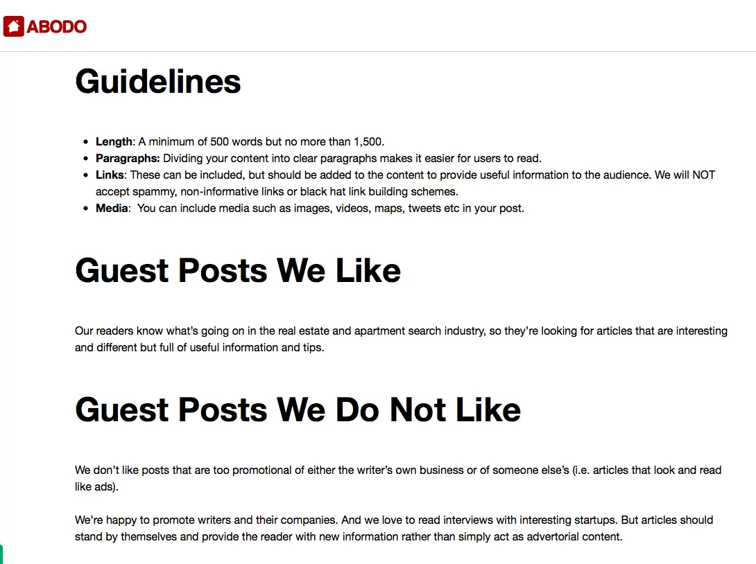 Captura de tela das diretrizes de postagem de convidados de um site