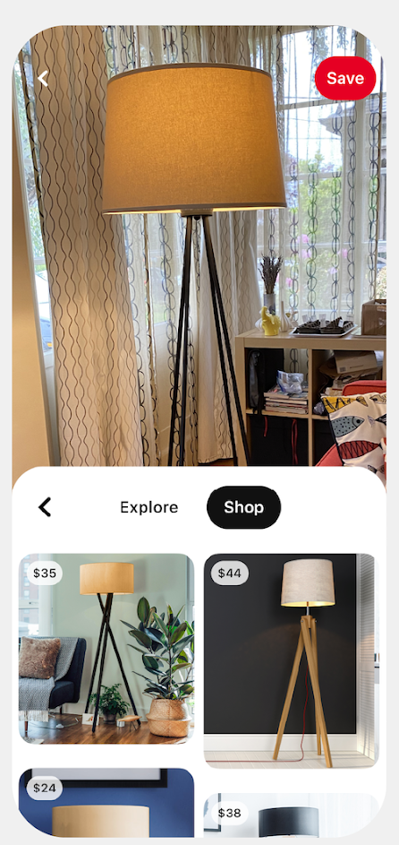 Shoppable Lens auf Pinterest mit einem Schoß und Optionen zum Kauf ähnlicher Lampen